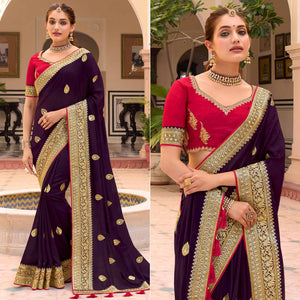 Wine Embroidered Vichitra Silk Saree With With Tassels