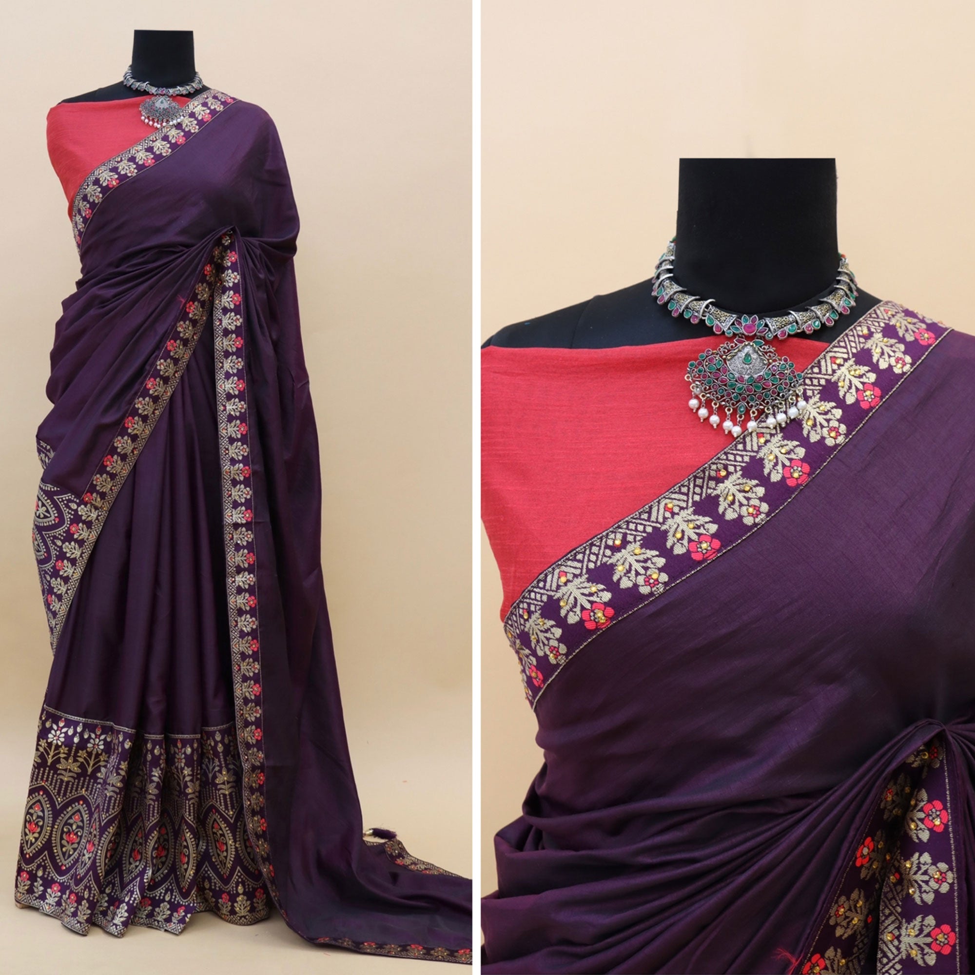 Wine Woven With Stone Work Art Silk Saree