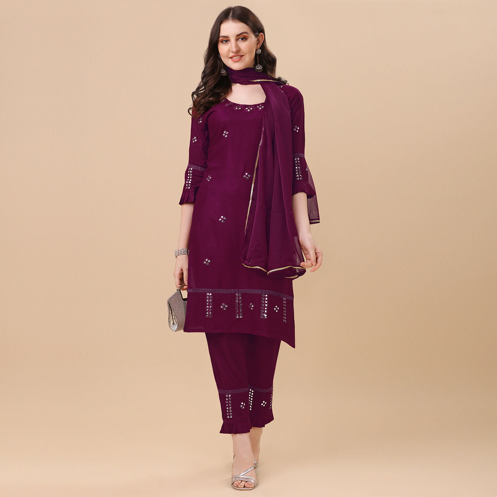 Wine Embroidered Rayon Salwar Suit