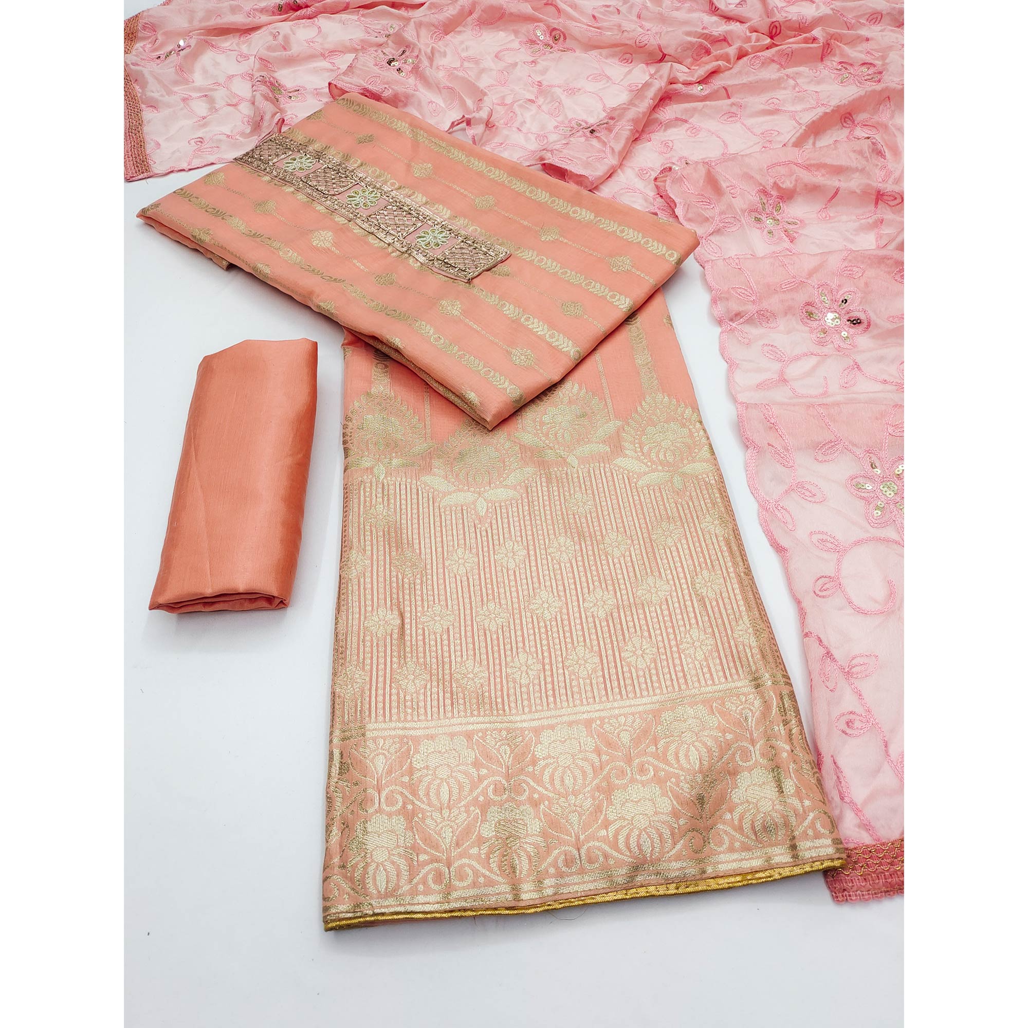 Peach Woven Banarasi Silk Dress Material