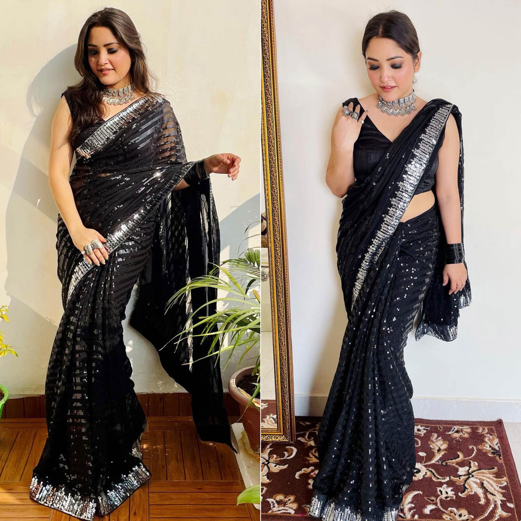 Black Sequins Embroidered Georgette Saree