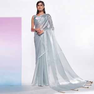 Grey Solid Organza Saree With Tassels