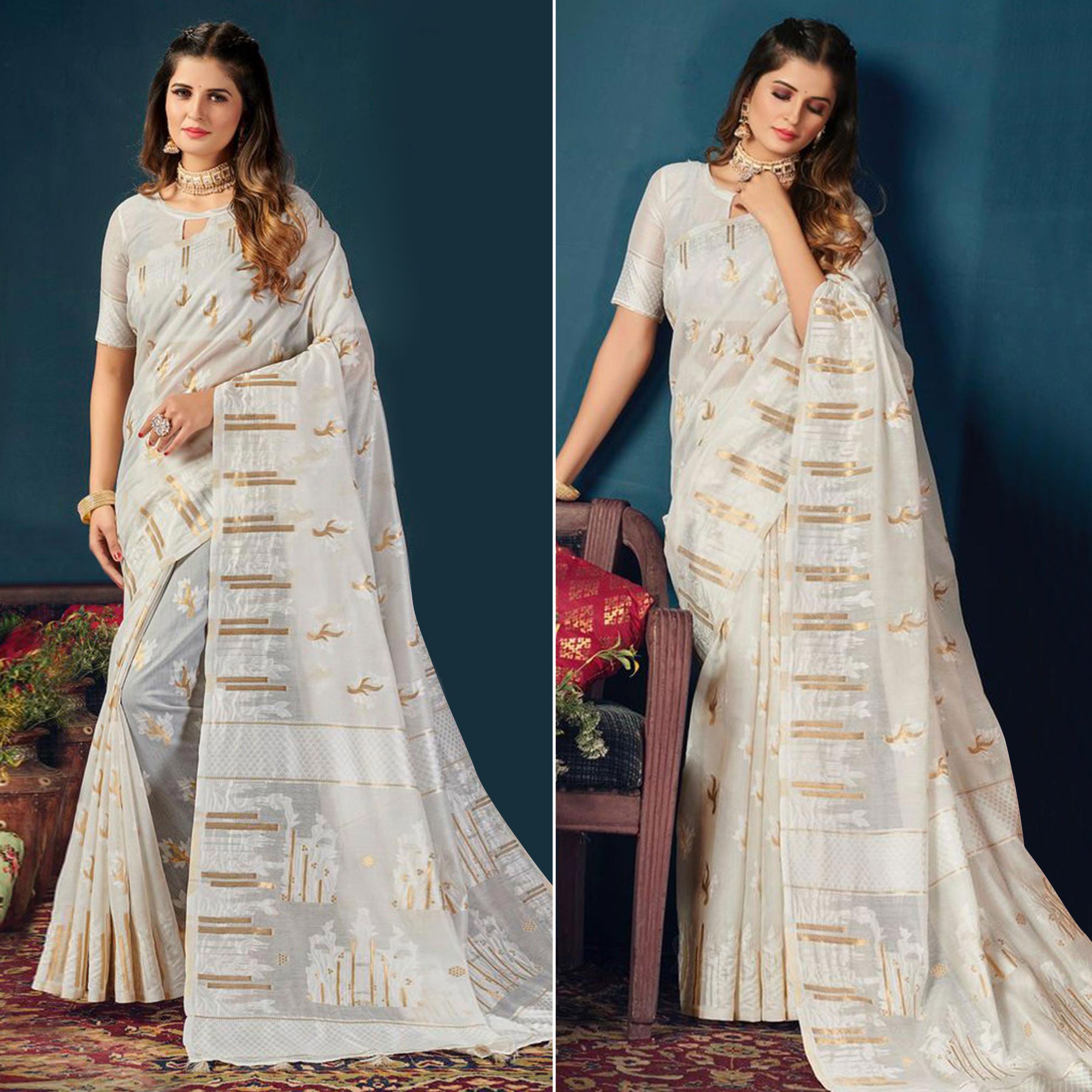 White Woven Cotton Blend Saree With Tassels