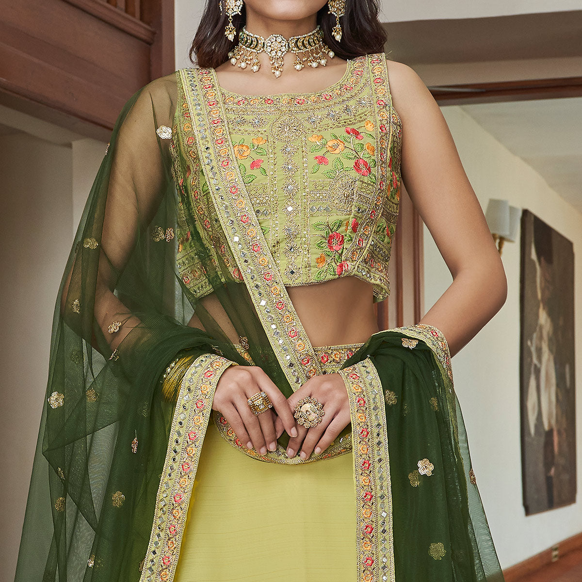 Lemon Yellow Embroidered Art Silk Lehenga Choli