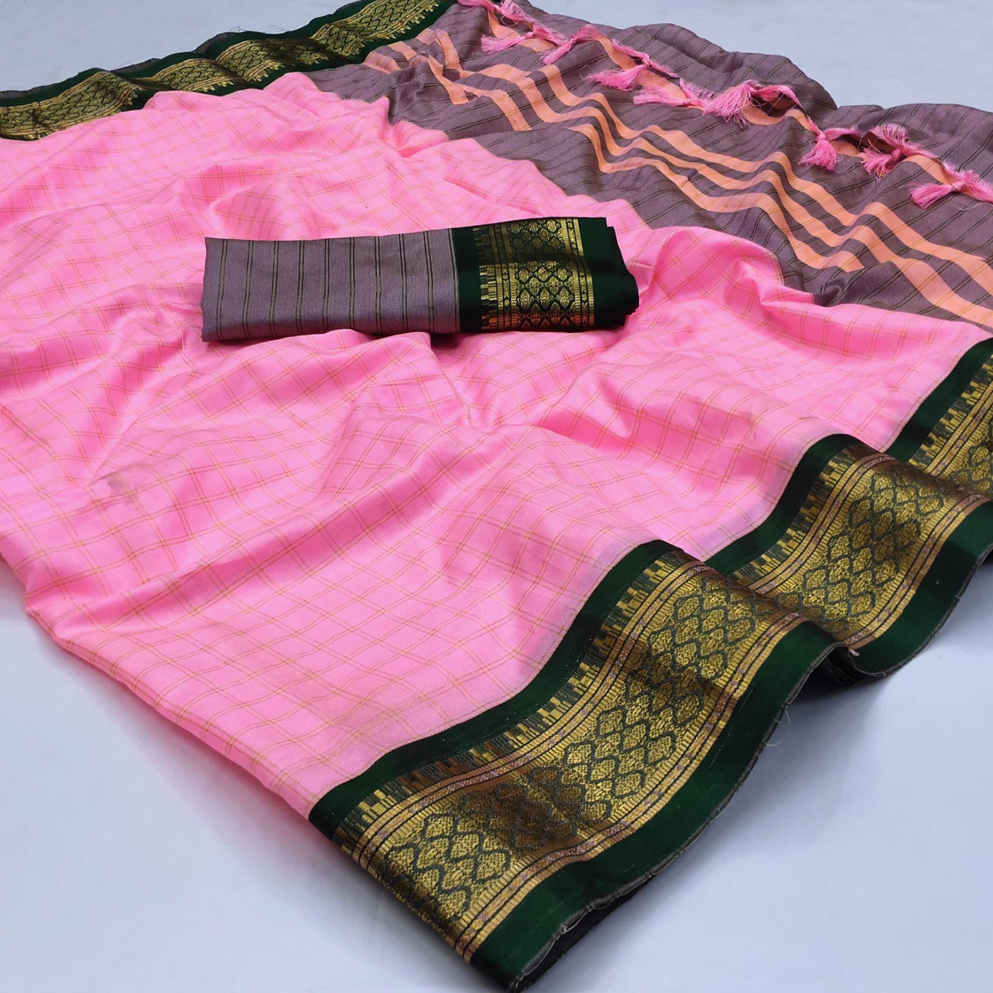 Baby Pink Checks With Woven Border Cotton Silk Saree