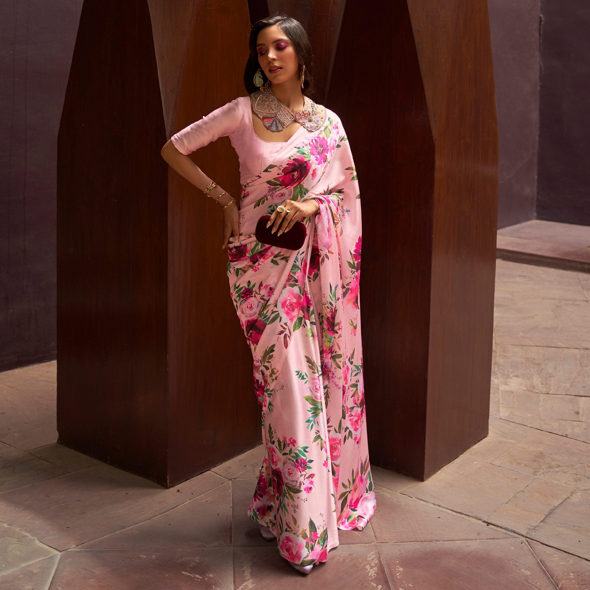 Pink Floral Digital Printed Satin Saree