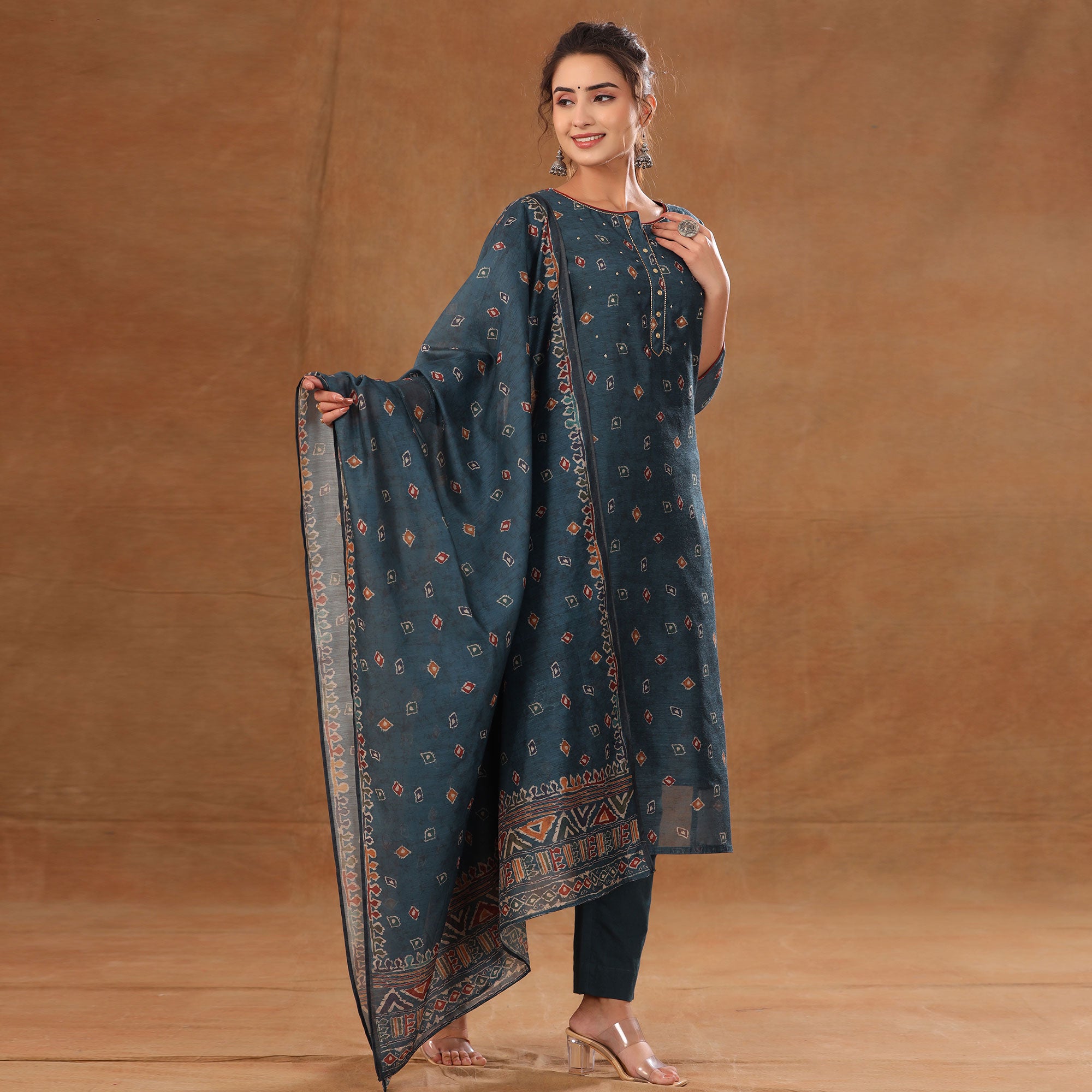 Blue Printed Chanderi Salwar Suit