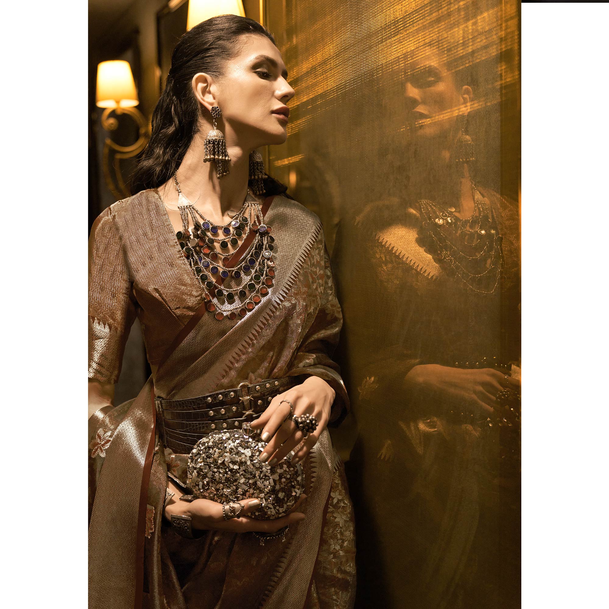 Coffee Brown Woven Organza Saree With Tassels