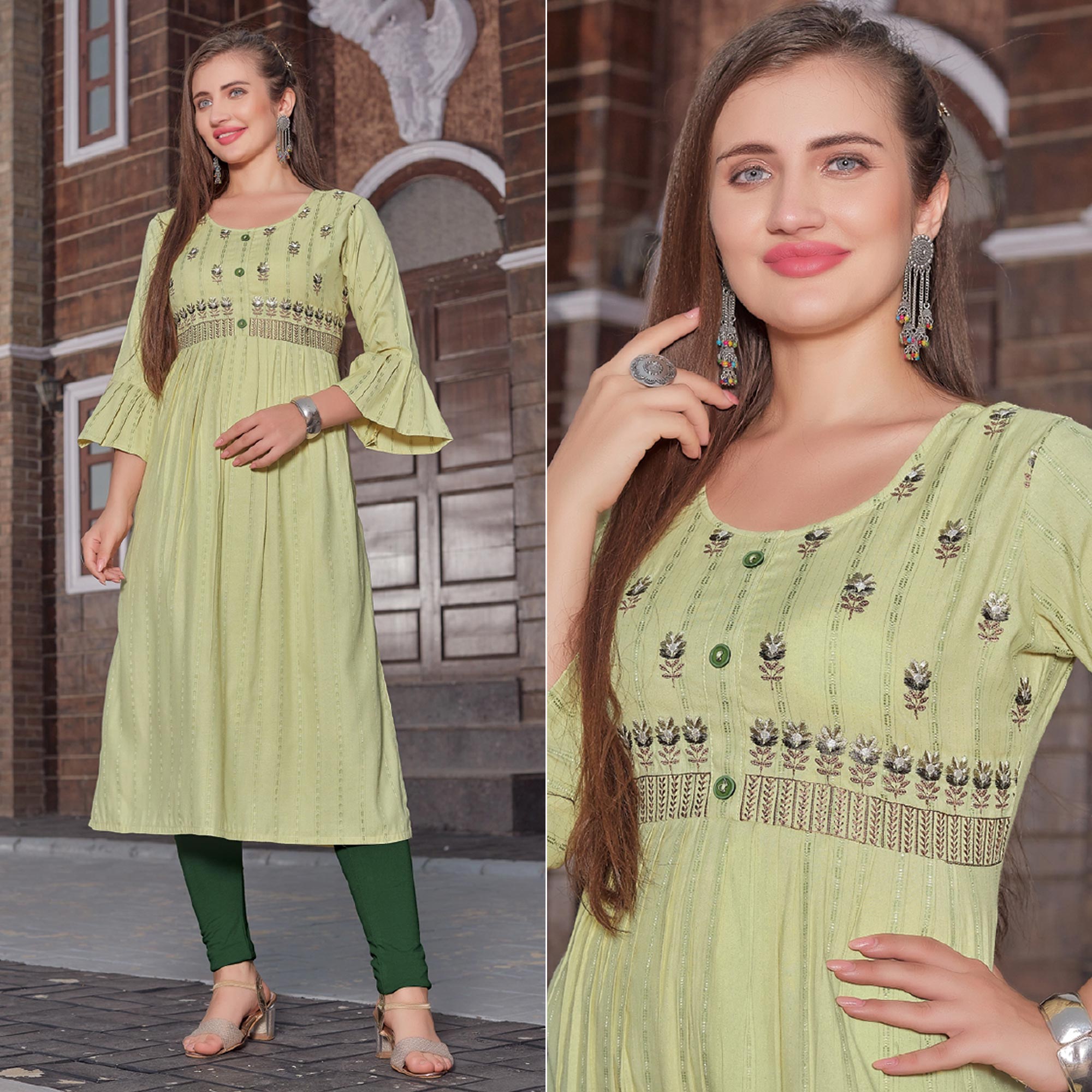 Pista Green Floral Embroidered Rayon Naira Cut Kurti