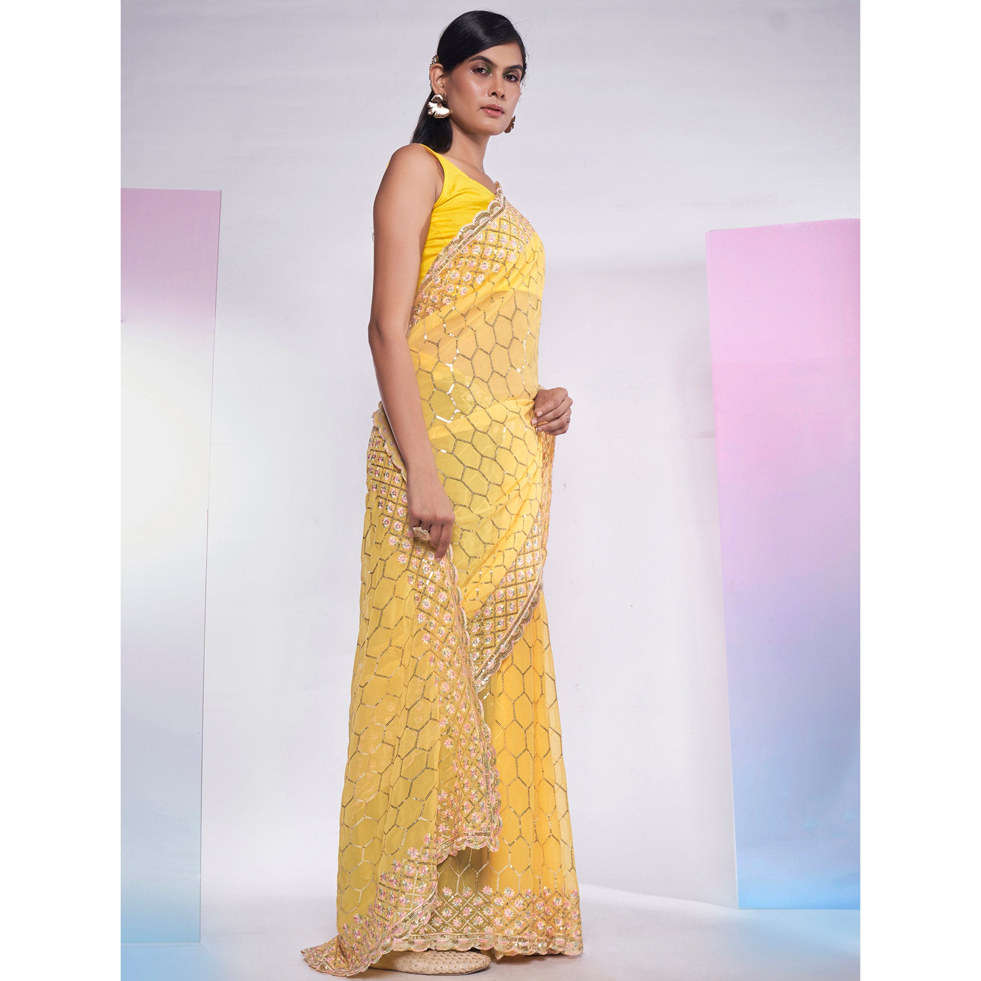 Yellow Sequins Embroidered Georgette Saree