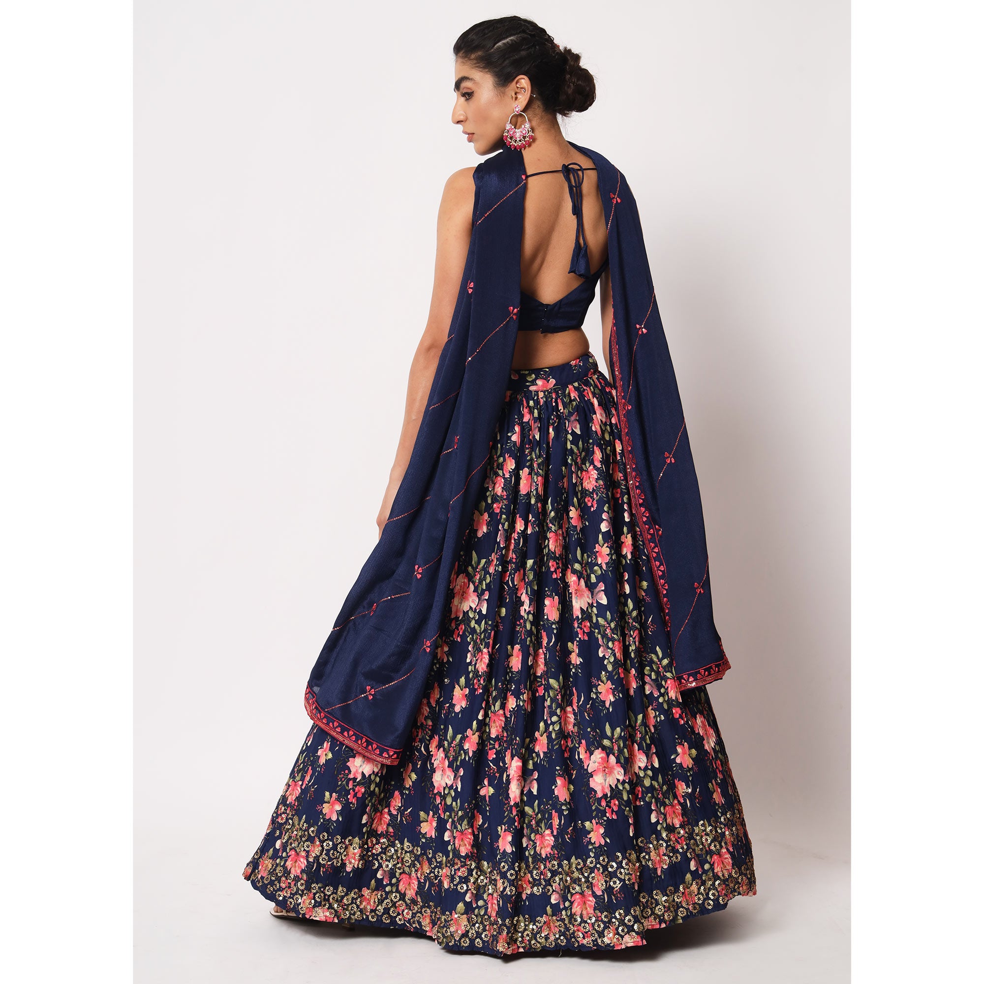 Navy Blue Floral Printed Art Silk Lehenga Choli