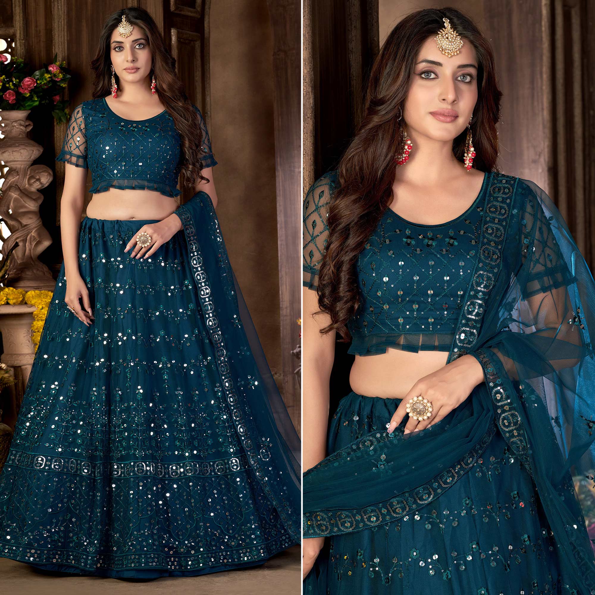 Blue Sequins Embroidered Net Lehenga Choli