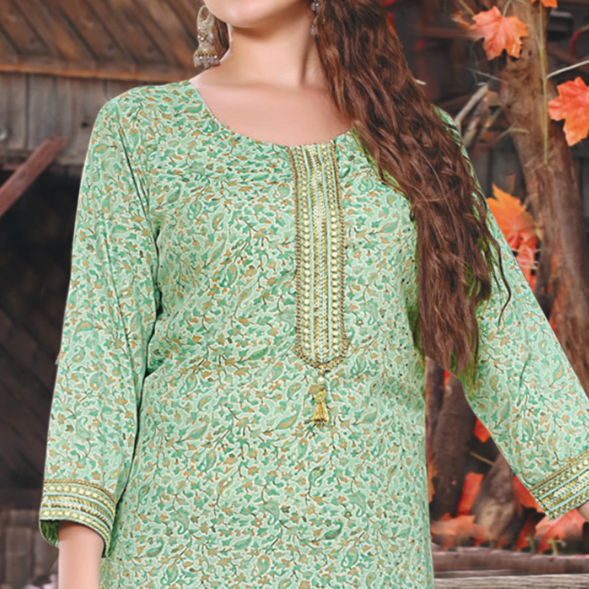 Sea Green Printed Muslin Kurti