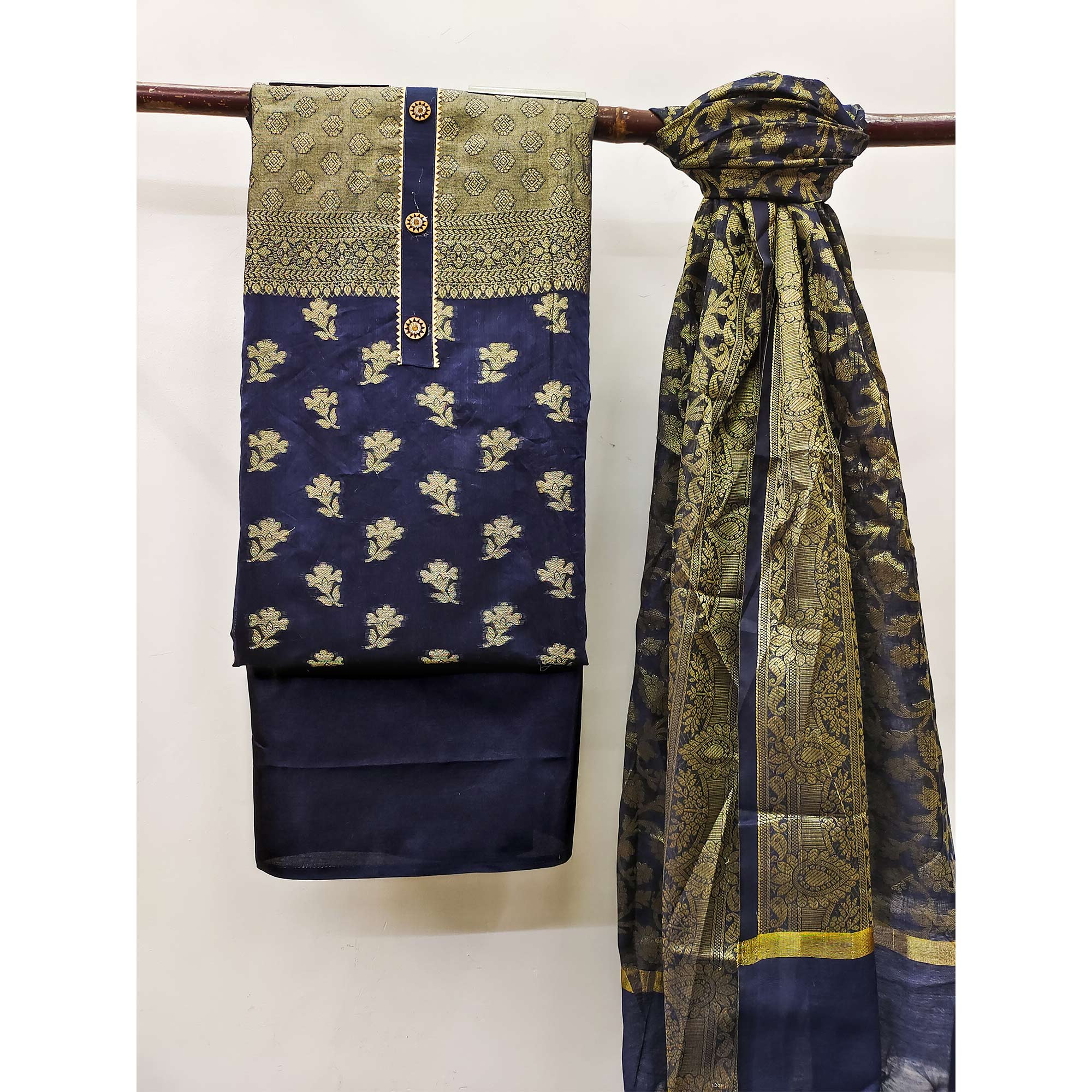 Navy Blue Floral Woven Banarasi Silk Dress Material