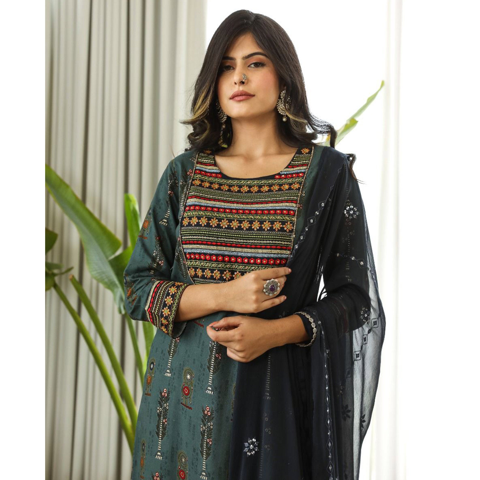 Blue Printed With Embroidered Rayon Palazzo Suit