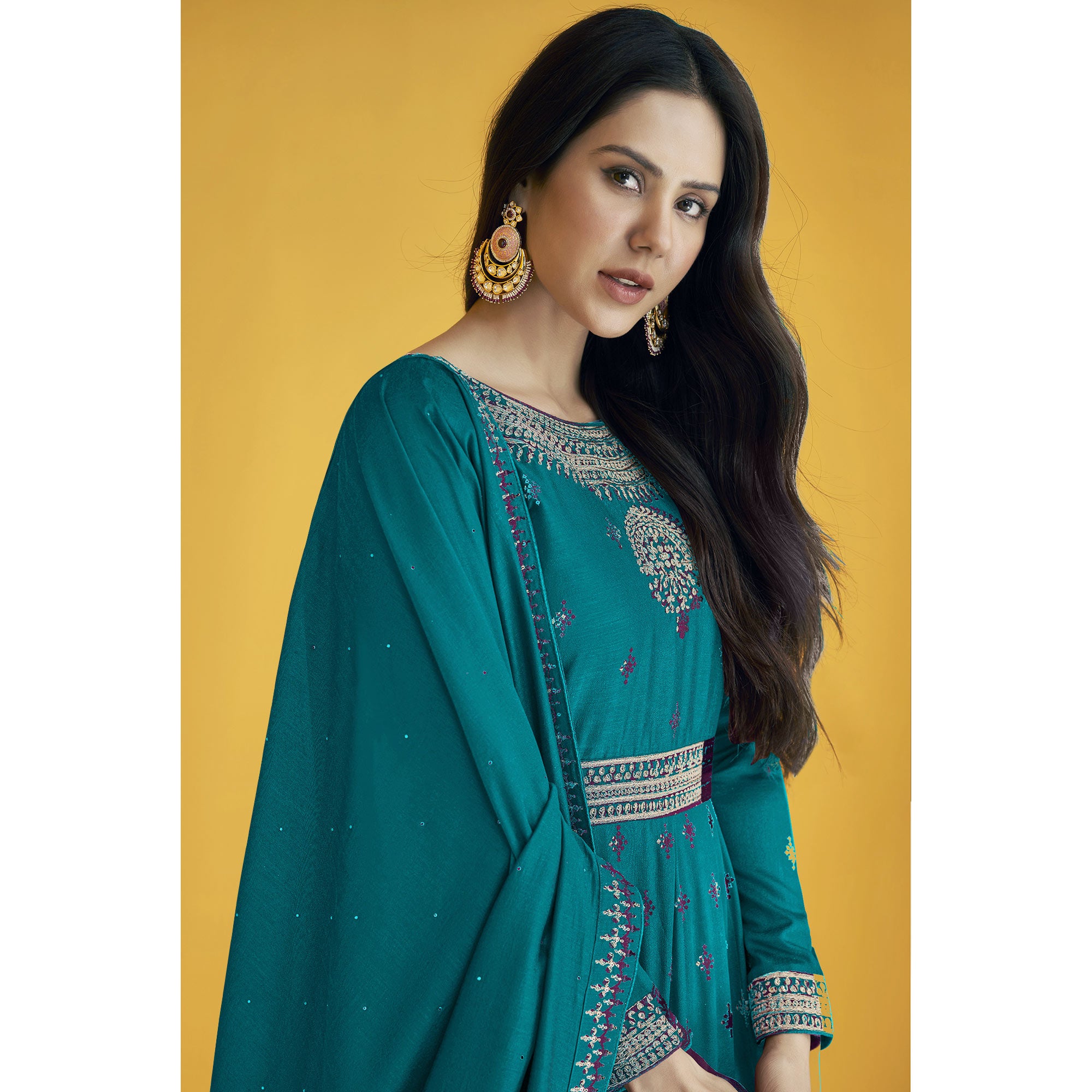 Teal Blue Sequins Embroidered Georgette Semi Stitched Anarkali Suit