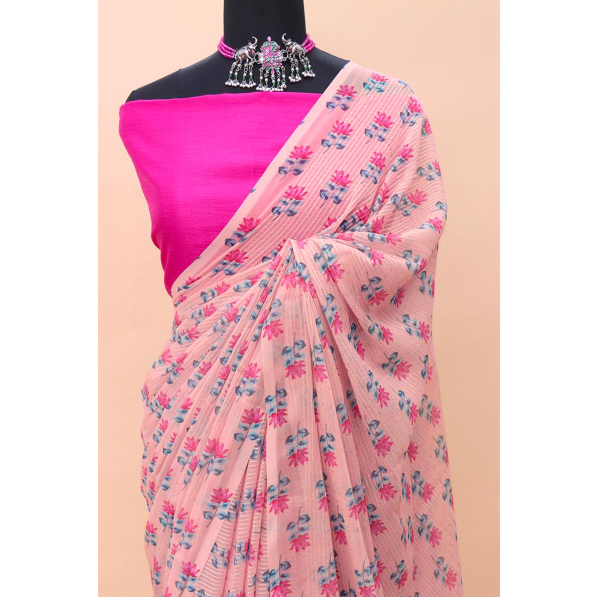 Pink Floral Printed And Sequins Work Georgette Saree