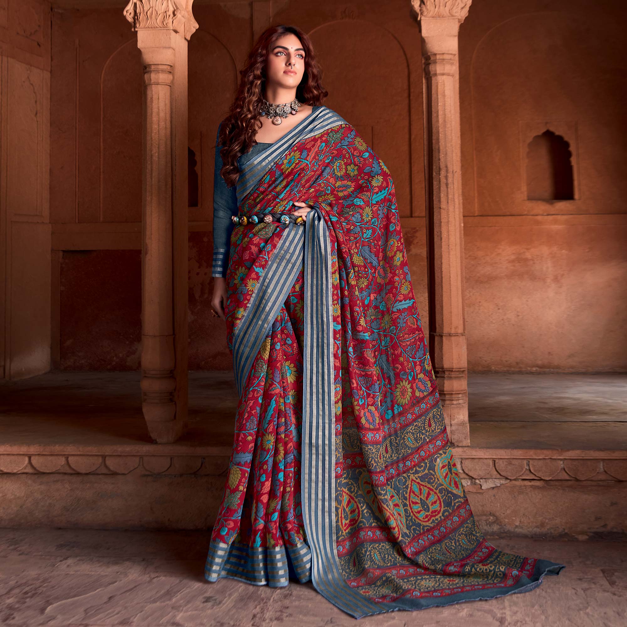 Maroon Floral Printed Linen Saree