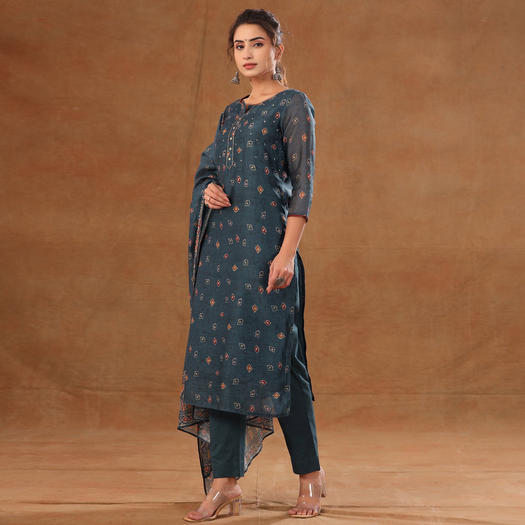 Blue Printed Chanderi Salwar Suit