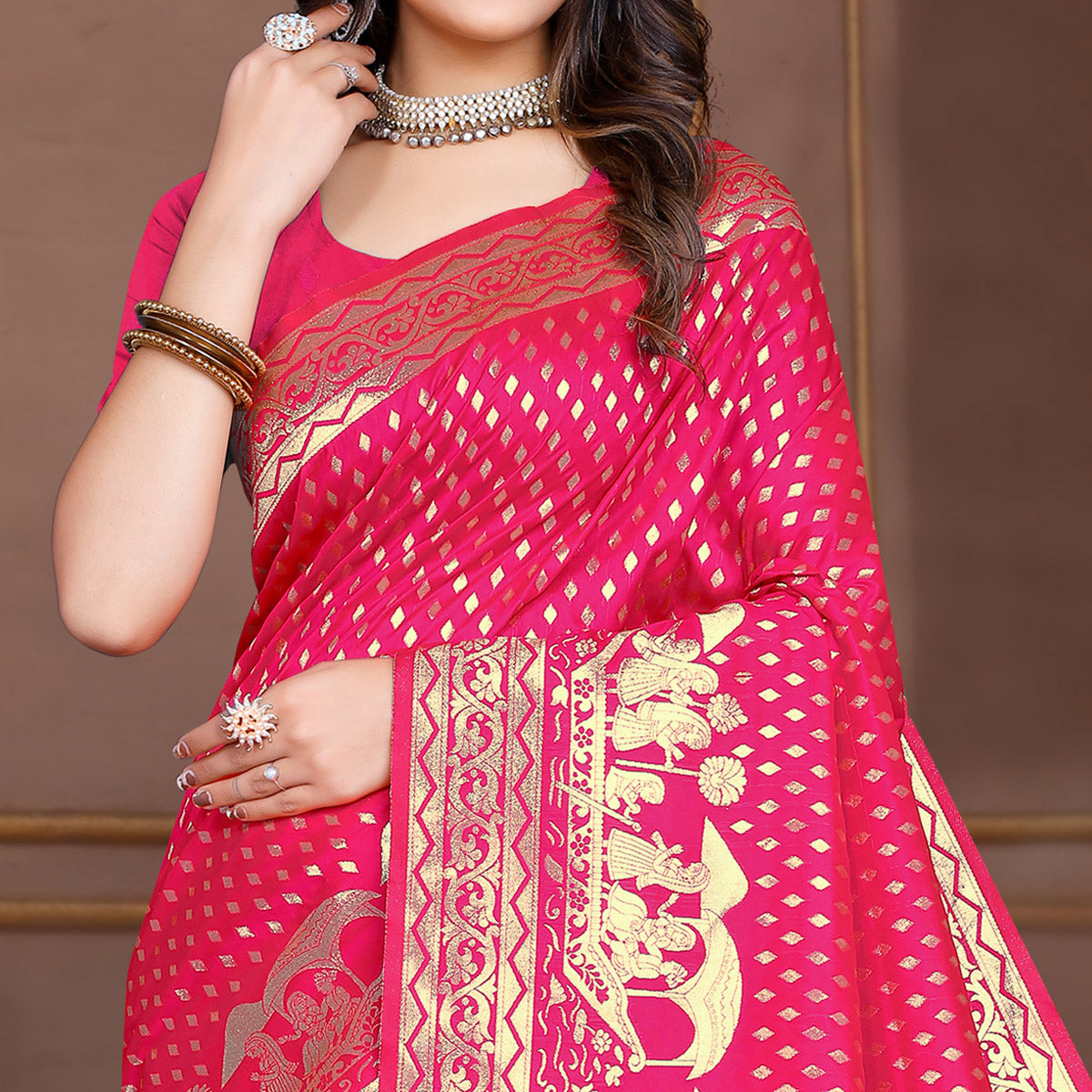 Rani Pink Woven Banarasi Silk Saree With Tassels