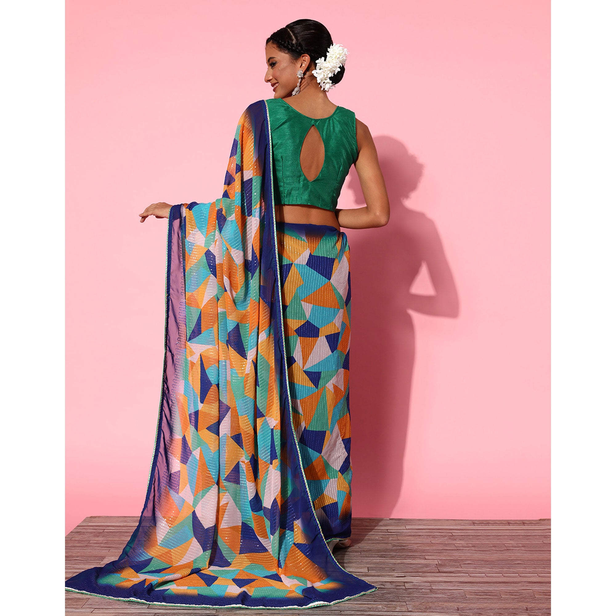 Multicolored Printed With Sequins Embroidered Georgette Saree