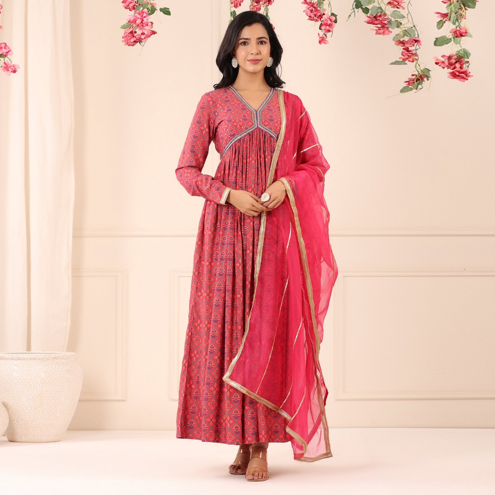 Pink Patola Printed Muslin Gown With Dupatta