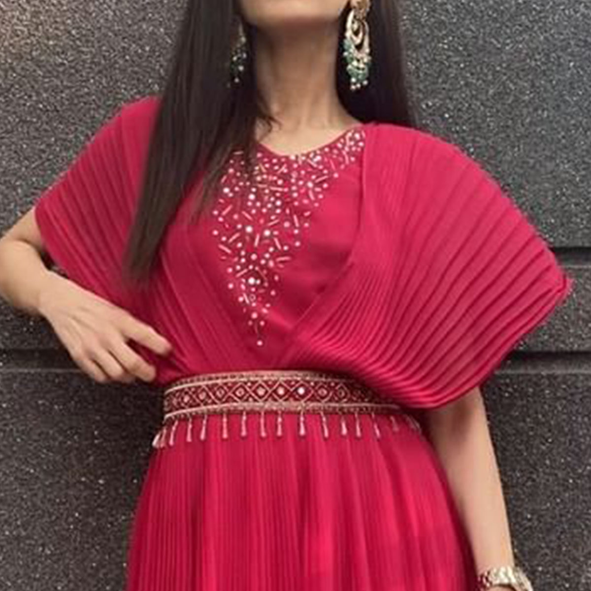 Pink Embellished Georgette Gown With Belt