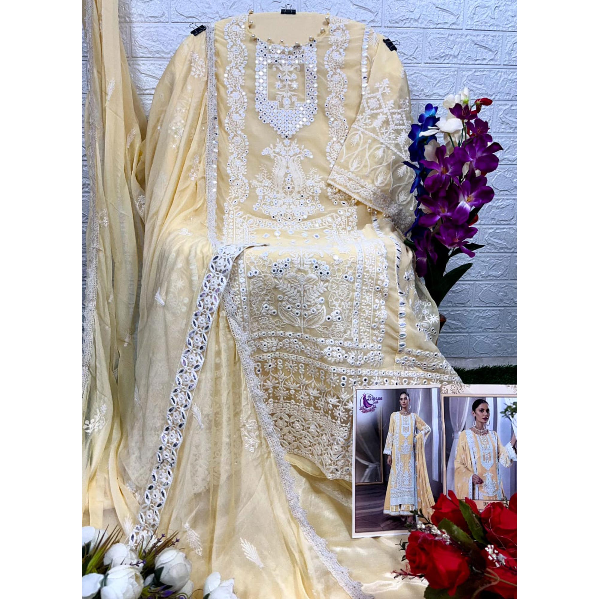 Cream Floral Embroidered Georgette Pakistani Suit