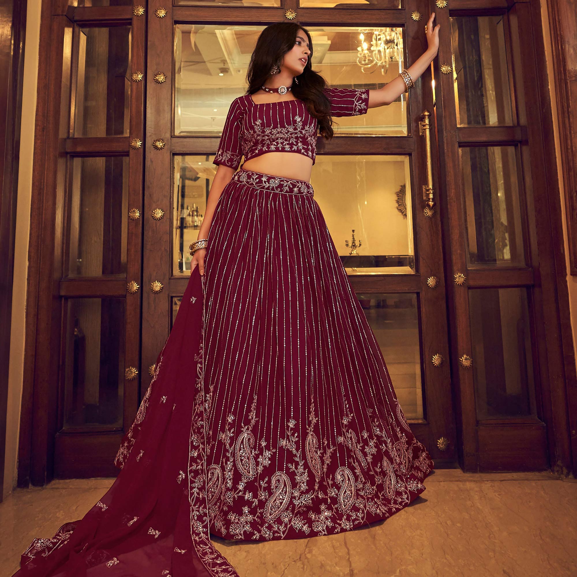 Wine Sequins Embroidered Georgette Lehenga Choli