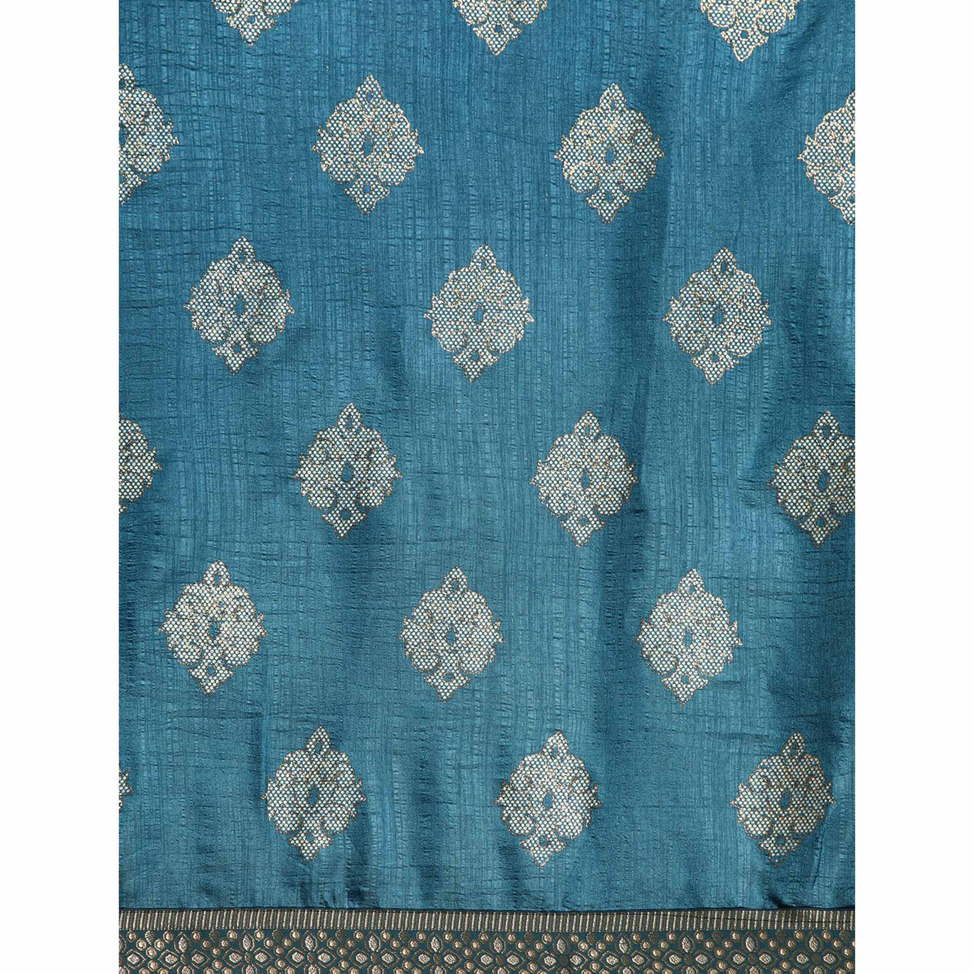 Blue Floral Foil Printed Vichitra Silk Saree