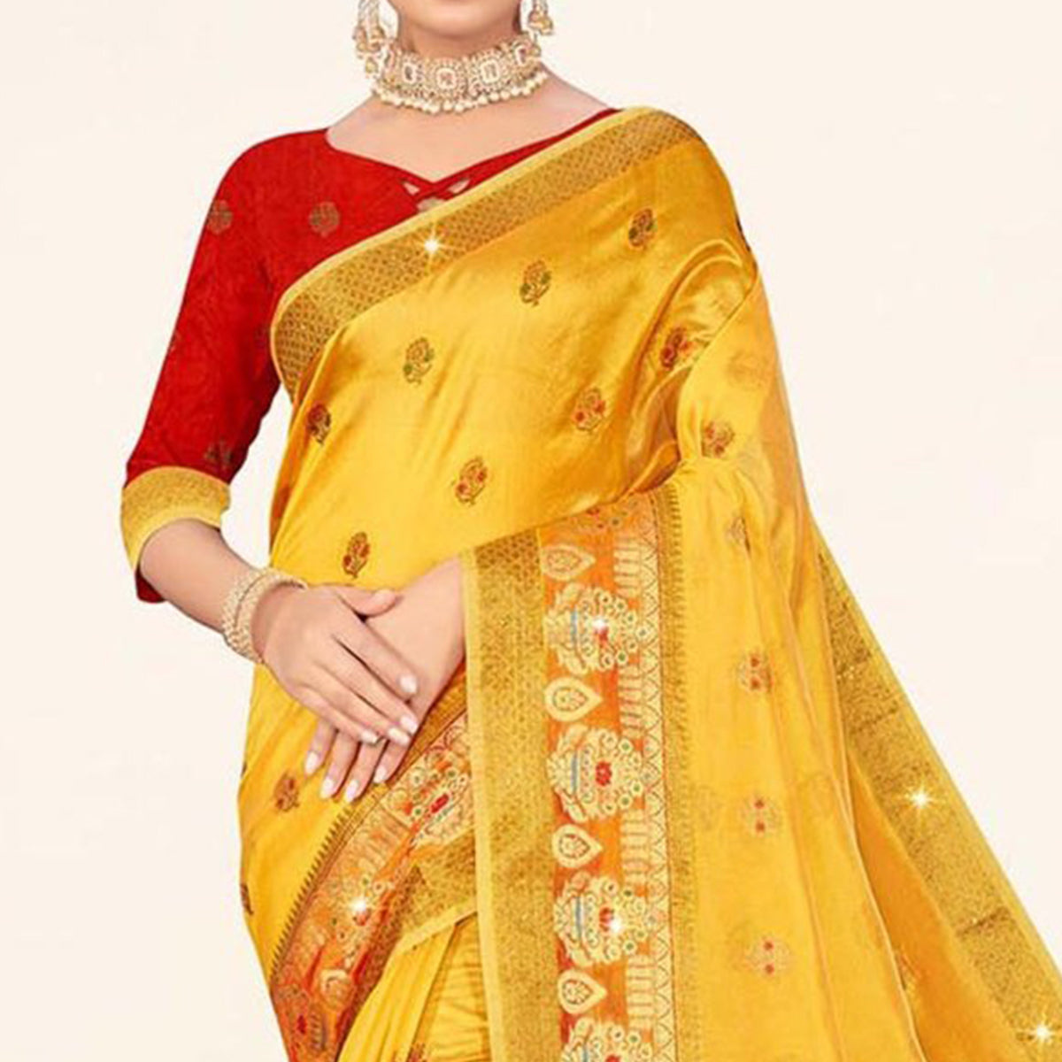 Yellow Woven Organza Saree With Tassels