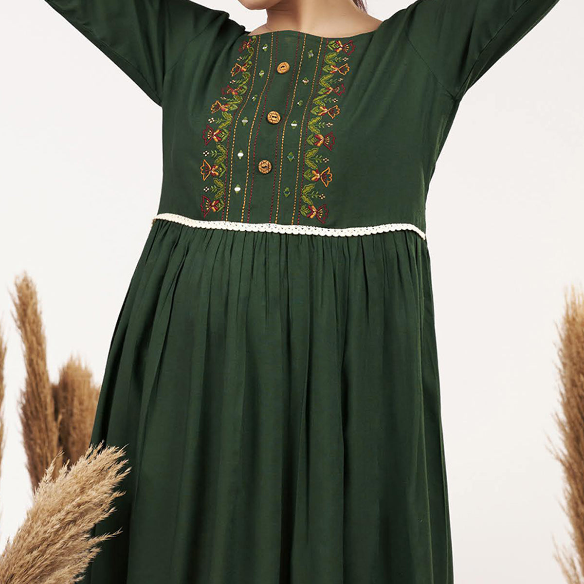 Bottle Green Floral Embroidered Rayon Short Dress