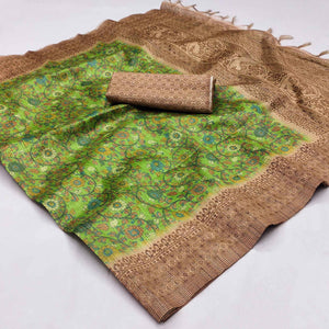 Green Floral Printed Cotton Silk Saree With Tassels
