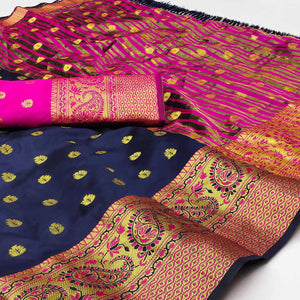 Navy Blue Woven Jacquard Saree With Tassels