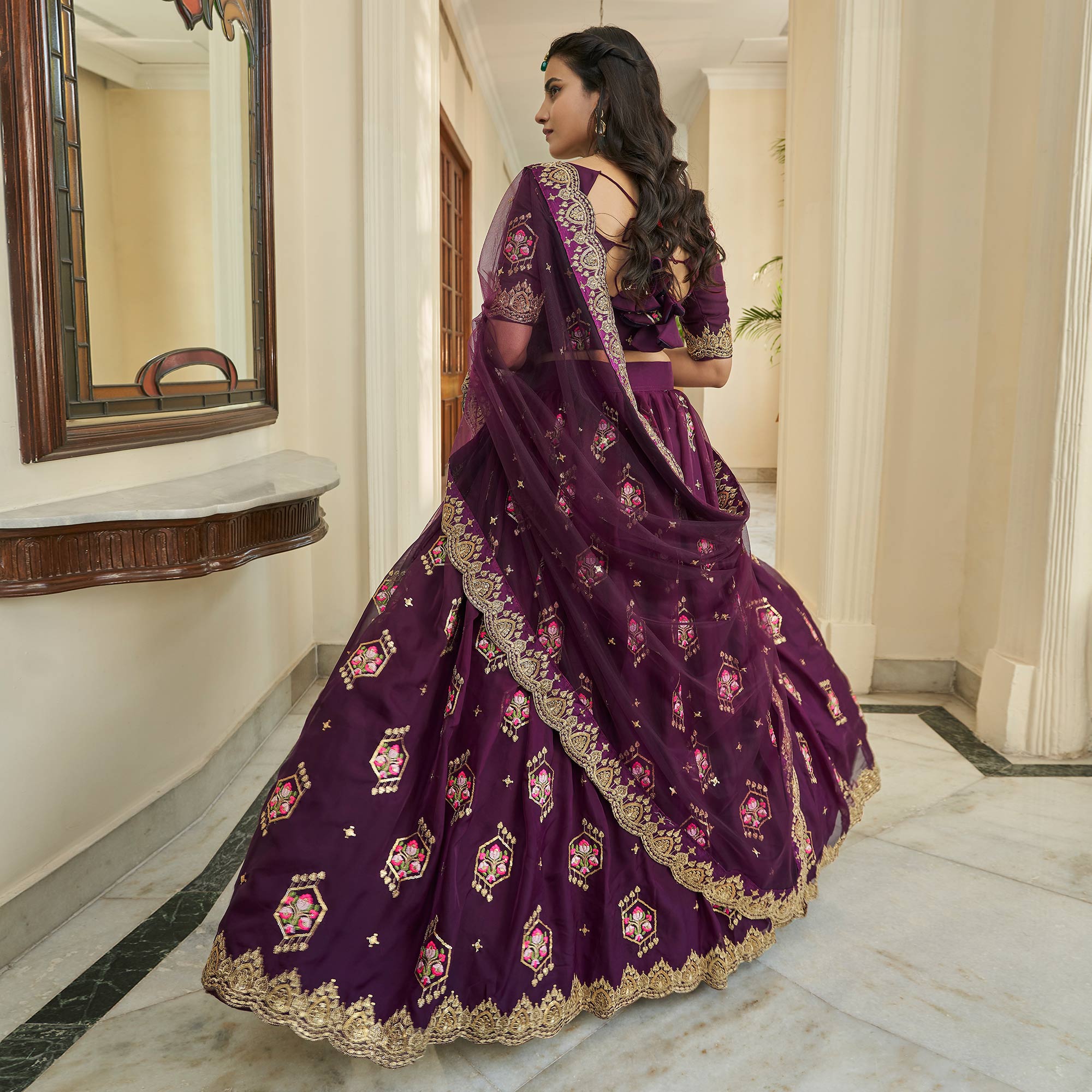 Purple Sequins Embroidered Organza Lehenga Choli