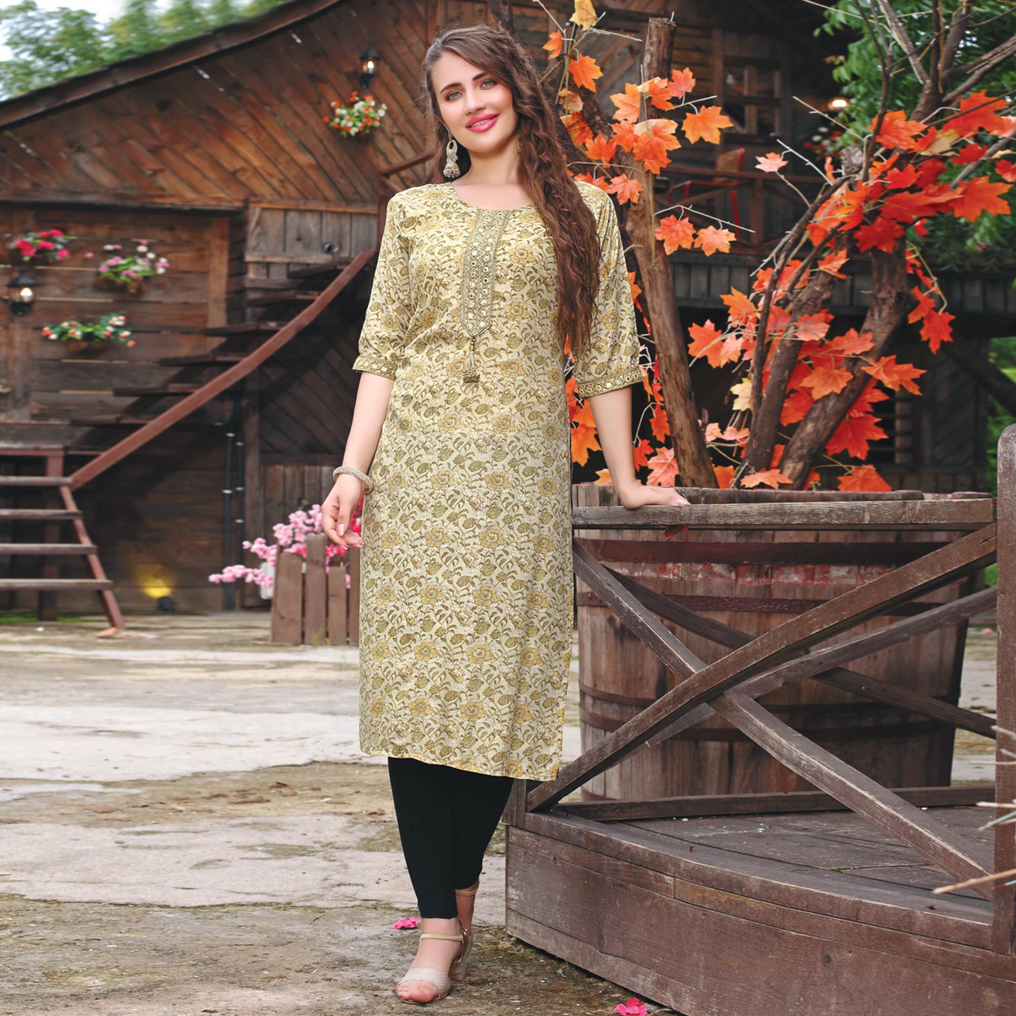 Beige Printed Muslin Kurti