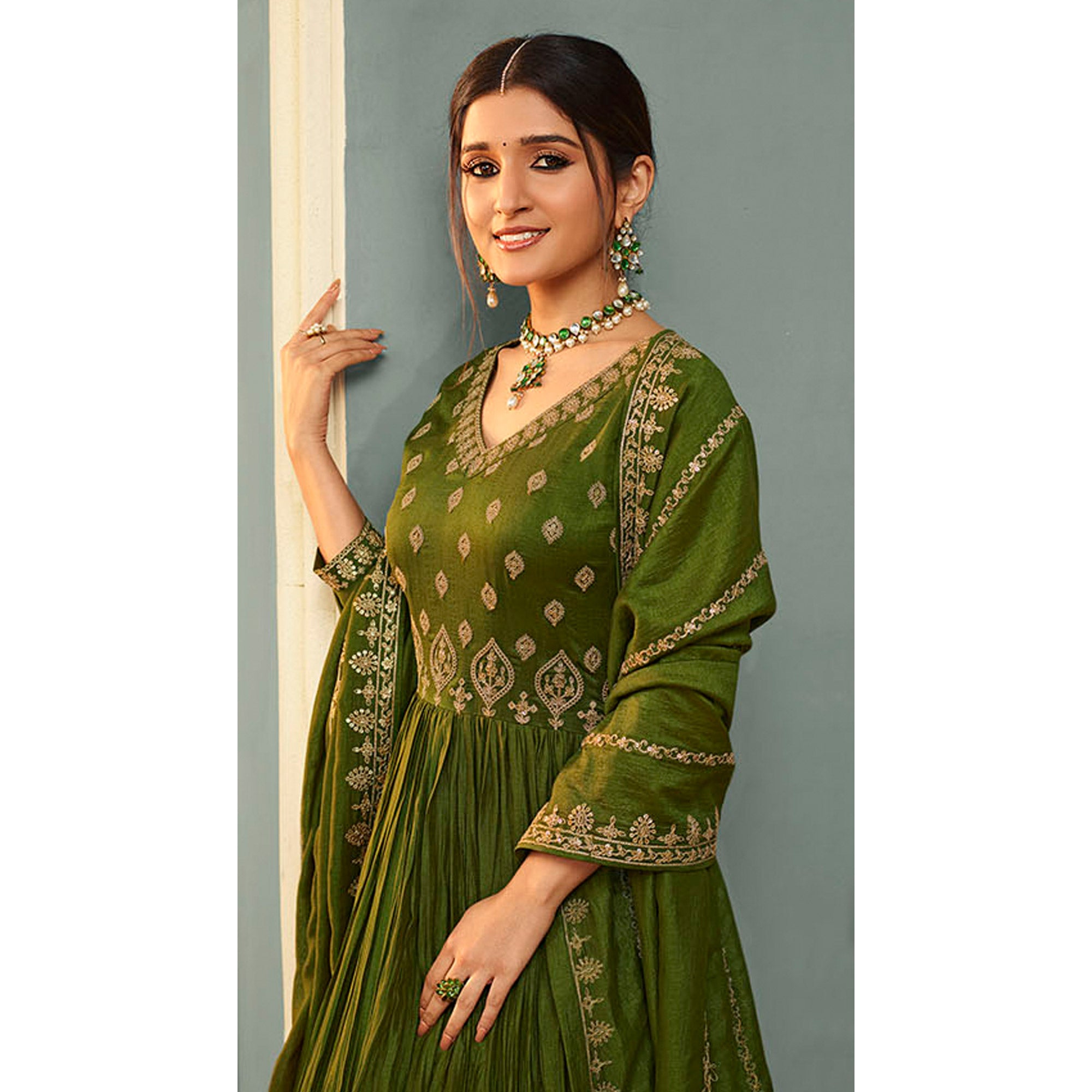 Olive Green Embroidered Georgette Gown