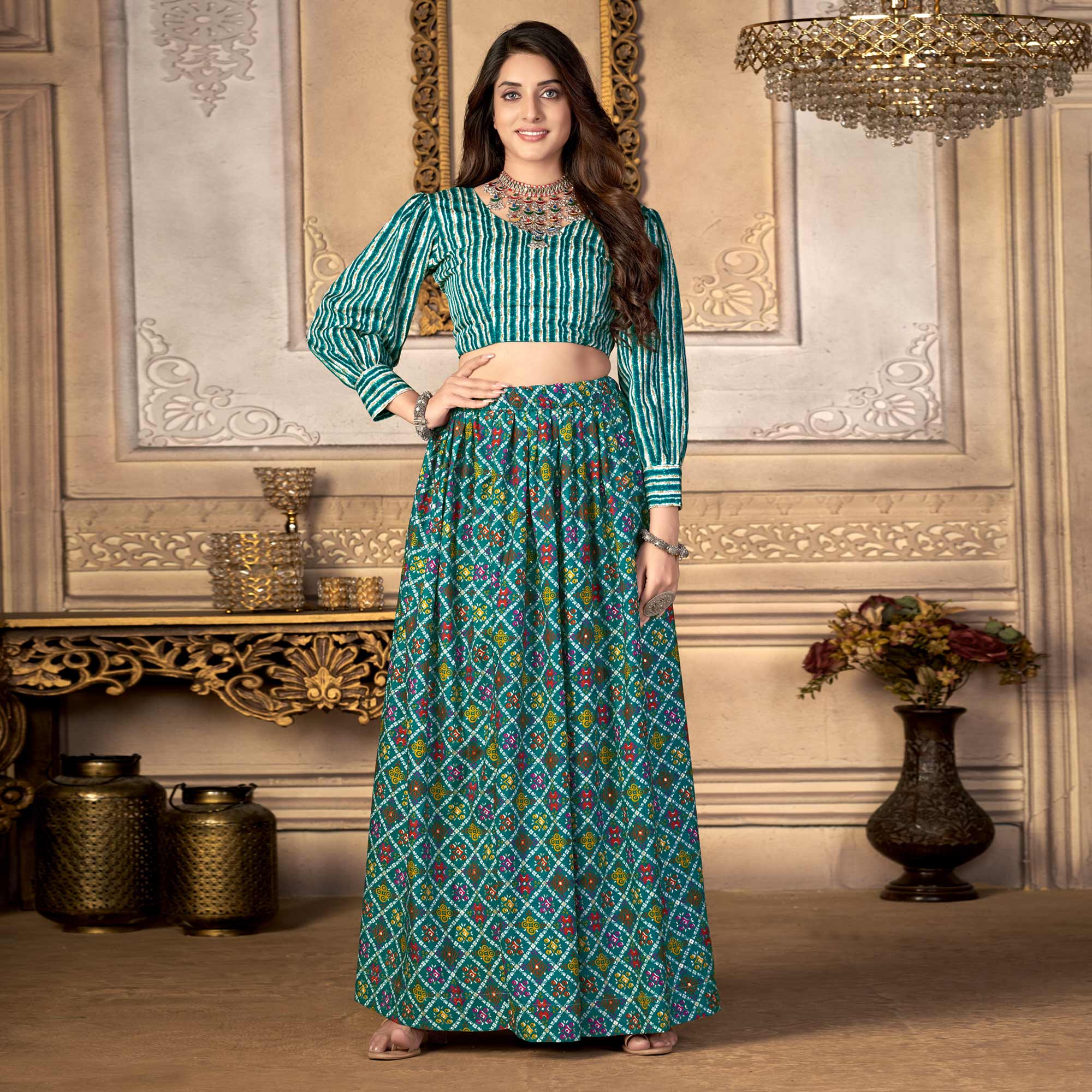 Rama Green Printed Crepe Top Skirt Set