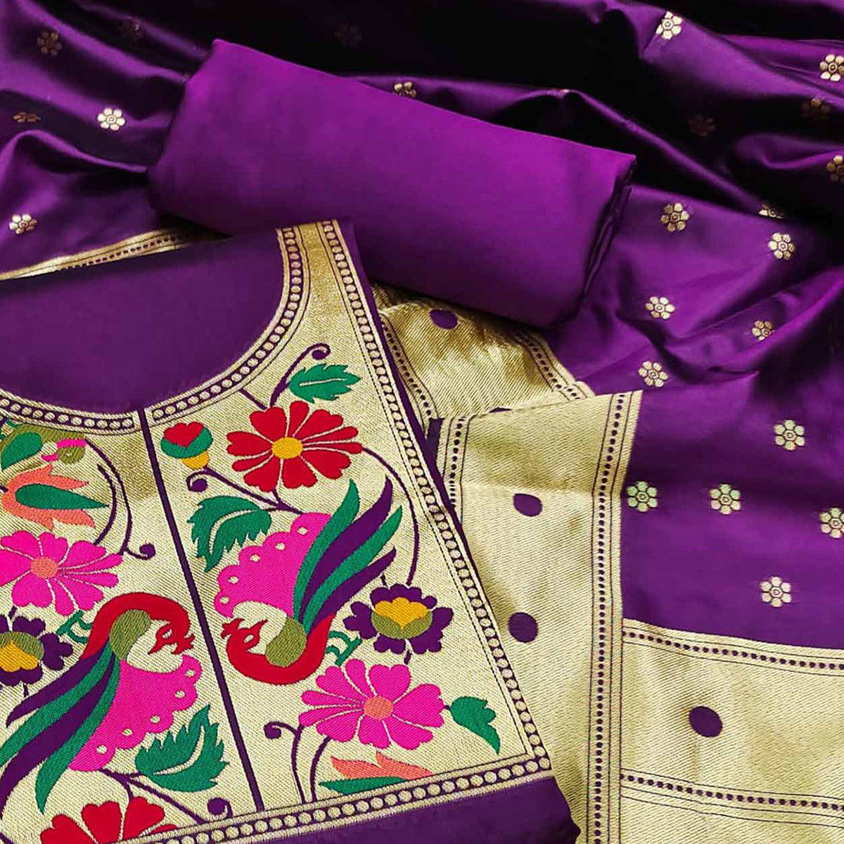 Purple Woven Banarasi Silk Paithani Dress Material