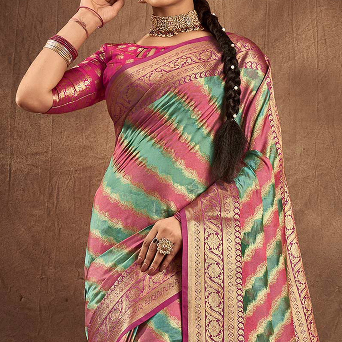 Green & Pink Woven Art Silk Saree