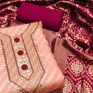 Peach Woven With Embroidered Chanderi Dress Material