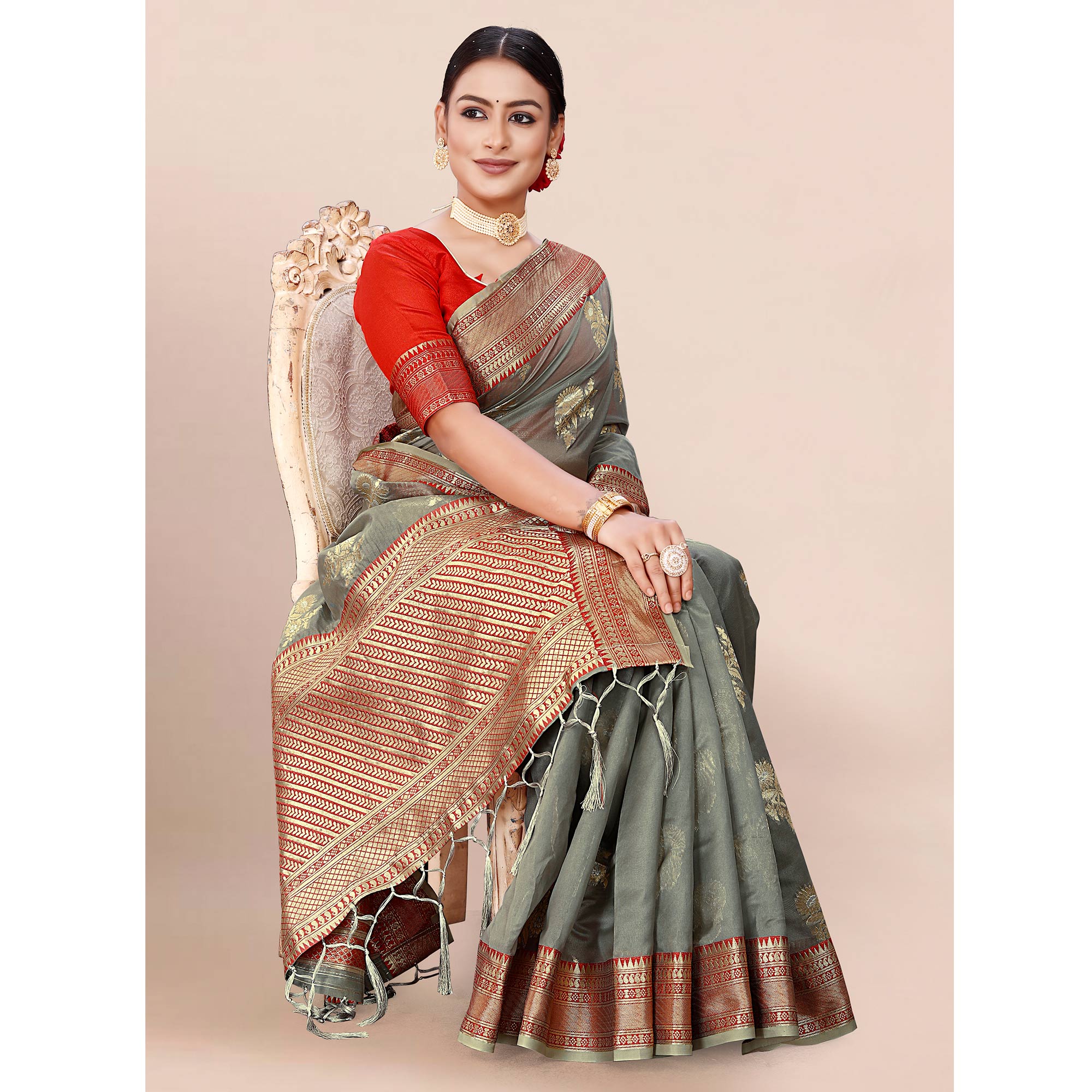 Grey Woven Organza Saree With Tassels