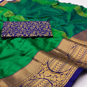 Green Woven Cotton Silk Saree With Tassels