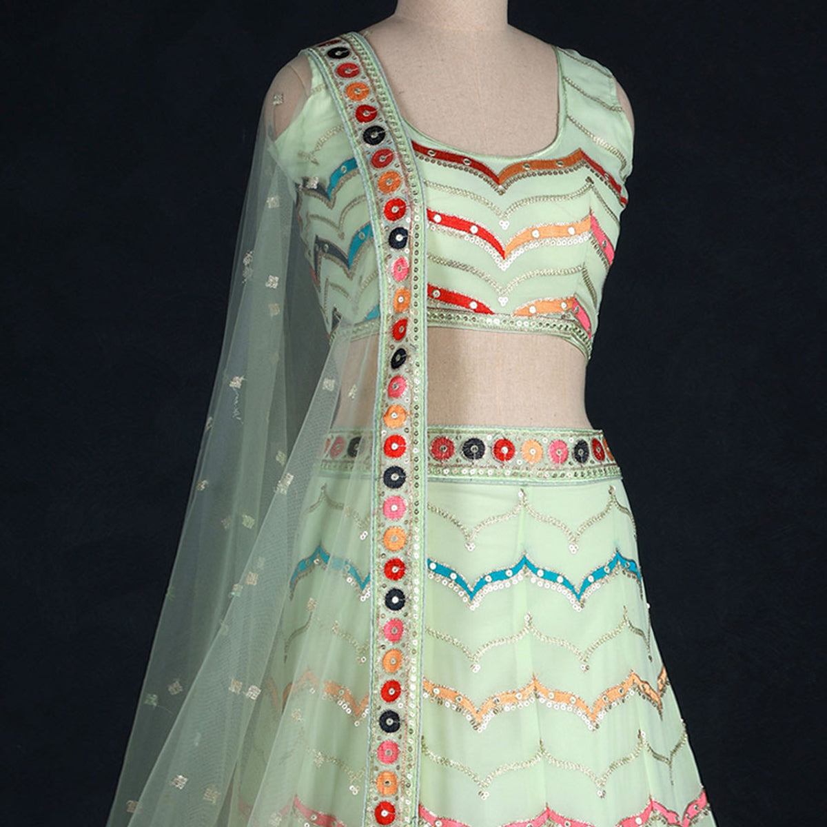 Pista Sequins Embroidered Georgette Lehenga Choli