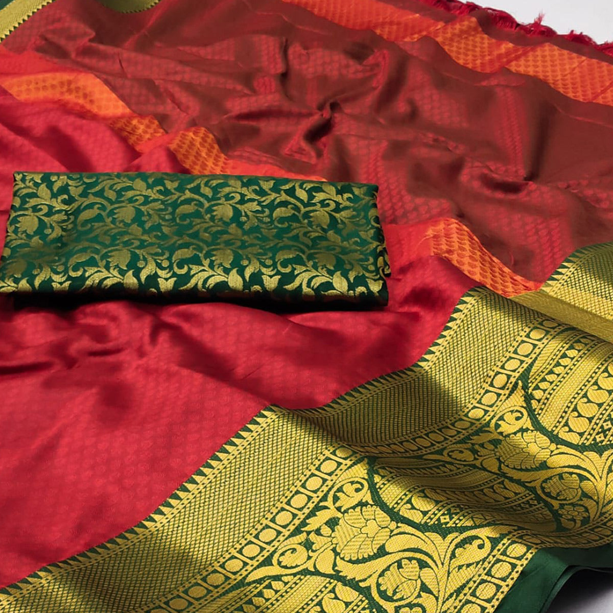 Red Woven Cotton Silk Saree With Tassels
