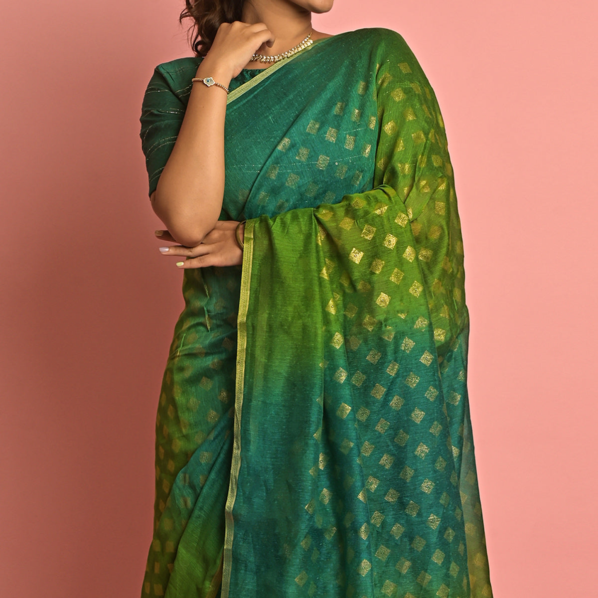 Green & Teal Foil Printed Cotton Blend Saree