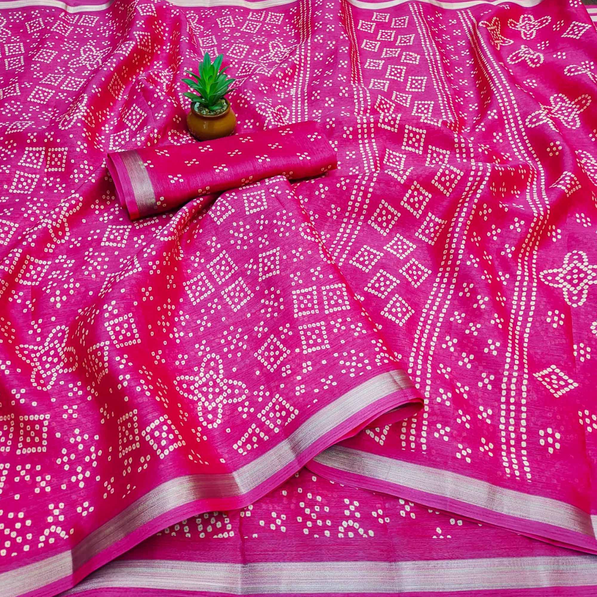 Pink Bandhani Printed Art Silk Saree