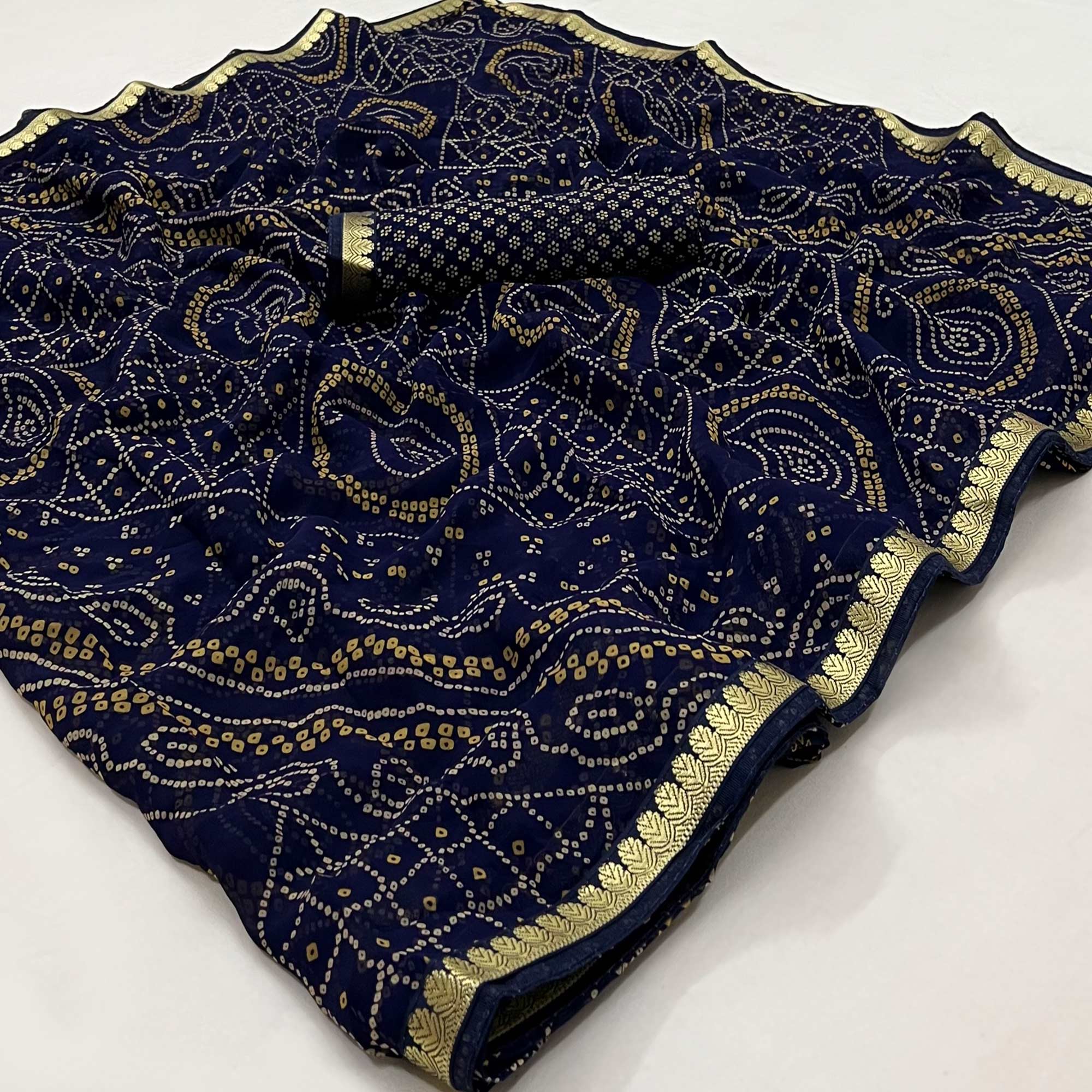 Navy Blue Bandhani Printed Georgette Saree With Designer Border