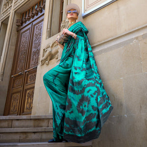 Turquoise Printed Crepe Saree