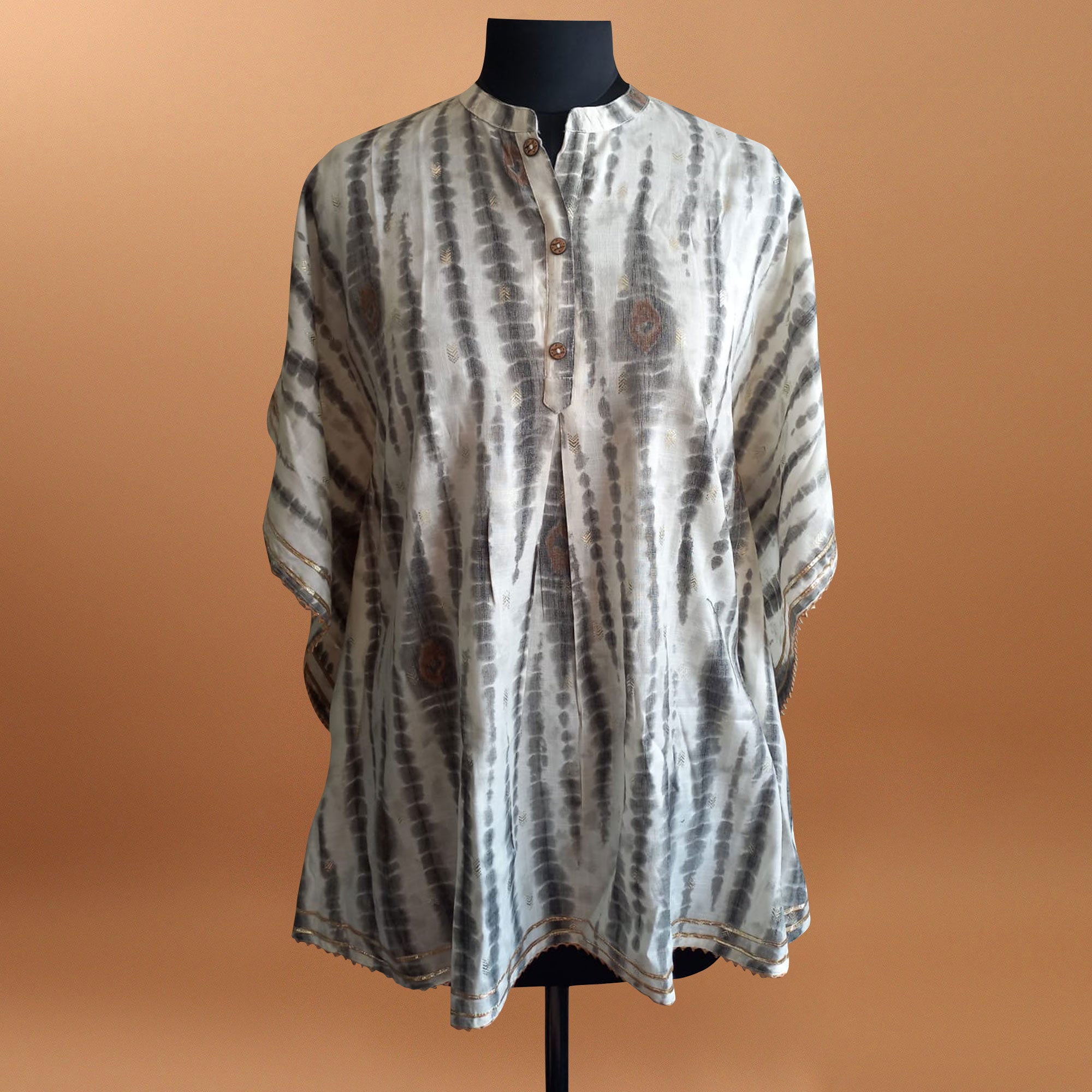 White & Grey Printed With Gota Patti Work Rayon Kaftan Top